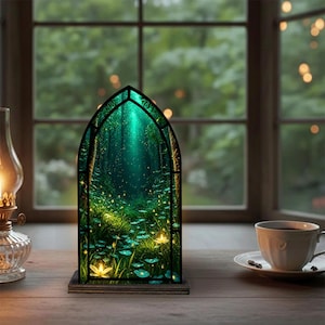 May include: A decorative stained glass panel showing a forest scene, set on a wooden base. The panel has a vibrant green and gold colour scheme, with a path leading into the woods. The panel is on a wooden surface near a window and a cup of coffee.