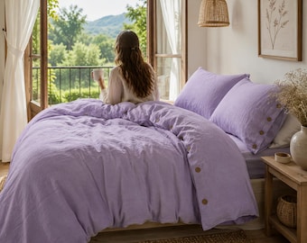 Lilac Linen Duvet Cover Set, Stonewashed Bedding Set with Coconut Button Closure, Farmhouse Style Bedding, Soft Washed Linen Comforter Cover