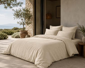 Ivory Washed Linen Duvet Cover Set, Natural Boho Bedroom Bedding