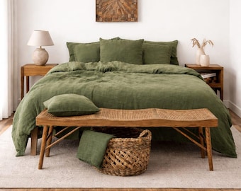 Olive Green Washed Linen Duvet Cover Set, Soft Breathable Boho Bedding