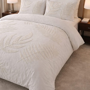 Tufted Leaf Duvet Cover Set, White Cotton Botanical Textured Bedding