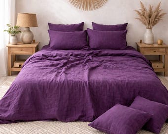 Linen Duvet Cover Set, Plum Boho  Decor, Soft Breathable Bedding