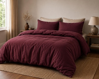 Burgunder Bettwäsche Set, weinrote Bettwäsche, weiche gewaschene Leinenbettwäsche, minimalistisches Schlafzimmer Dekor, gemütliche Bauernhaus Bettwäsche