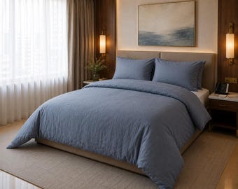 Juego de funda nórdica de lino lavado azul empolvado / Ropa de cama minimalista de estilo rústico