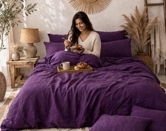 Linnen dekbedovertrekset, pruim boho decor, zacht ademend beddengoed