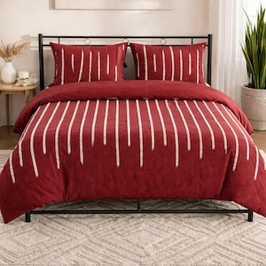 錆びたような赤色のキルティングコットン掛け布団カバーセット、ボヘミアン風ストライプ柄寝具、居心地の良いモダンな寝室の装飾