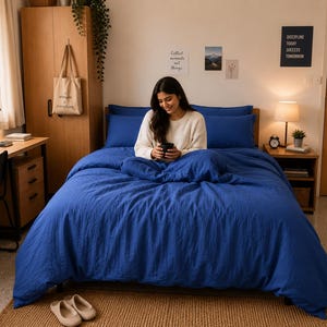 Royal blue linen duvet cover set styled on a modern bed with matching pillow covers in a cozy minimalist bedroom