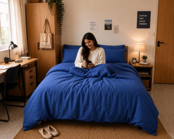 Royal Blue Washed Linen Duvet Cover Set, Soft Minimalist Bedding, Boho Bedroom Decor