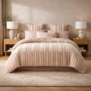 100% Cotton Tufted Stripe Duvet Cover, Boho Minimalist Bedding, Rust Red Maroon King Queen