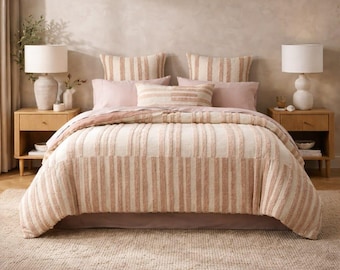 100% Cotton Tufted Stripe Duvet Cover, Boho Minimalist Bedding, Rust Red Maroon King Queen