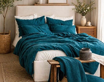 Teal Blue 100% Linen Duvet Cover Set, Coconut Button Closure, Soft Breathable Bedding