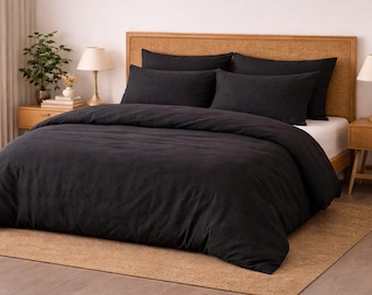 Jet Black 100% Natural Linen Bedding Set, Zipper Duvet Cover, Minimalist Modern Decor