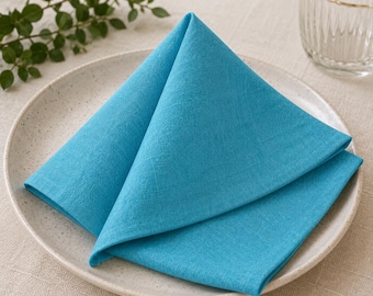 Servilletas de lino azul turquesa, tela suave lavada y reutilizable, mantelería de estilo bohemio costero.