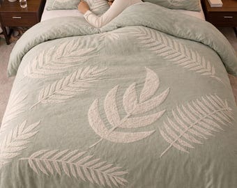 Juego de funda nórdica de algodón verde salvia, ropa de cama botánica con textura de hojas, decoración minimalista para el dormitorio.