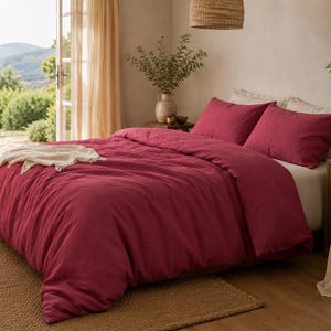Raspberry Stonewashed Linen Duvet Cover Set, Soft European Flax Bedding