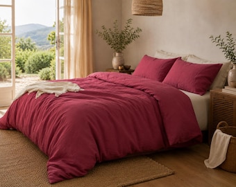 Raspberry Stonewashed Linen Duvet Cover Set, Soft European Flax Bedding