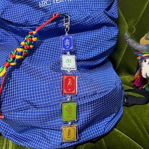 Puede incluir: Mochila azul con un patrón de cuadrícula blanca y el nombre de la marca "Arc'teryx" en blanco. Un llavero con cinco colgantes rectangulares coloridos cuelga de la cremallera. Un cordón trenzado rojo, amarillo y verde está sujeto a la mochila.