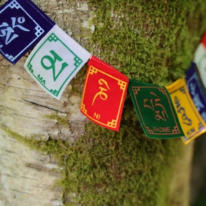K&ouml;nnte beinhalten: Eine Reihe rechteckiger Gebetsfahnen in Blau, Wei&szlig;, Rot, Gr&uuml;n und Gelb, die jeweils mit tibetischer Schrift und Symbolen bedruckt sind. Auf dem Stoff sind die Schriftz&uuml;ge OM, MA, NI, PADME und HUM deutlich zu erkennen.
