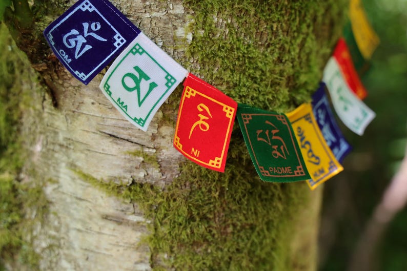 K&ouml;nnte beinhalten: Eine Reihe rechteckiger Gebetsfahnen in Blau, Wei&szlig;, Rot, Gr&uuml;n und Gelb, die jeweils mit tibetischer Schrift und Symbolen bedruckt sind. Auf dem Stoff sind die Schriftz&uuml;ge OM, MA, NI, PADME und HUM deutlich zu erkennen.