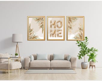 HOME Wall Art Set – 3-piece, Modern and Minimalist, Beige Boho Decor for Living Room & Bedroom