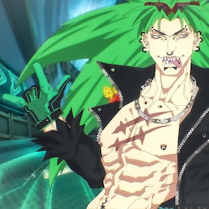 May include: Anime-style illustration of a character with green hair and multiple piercings. The character wears a black jacket with flame designs and a silver chain necklace. The character is shirtless and has a tattoo on their torso.