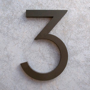 Modern House Number Aluminum Modern Font Number THREE 3 in Bronze