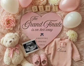 Grand Finale Baby Girl Pregnancy Announcement Digital – Editable Canva Template for Social Media, boho Pink Baby Reveal, Its a Girl Reveal
