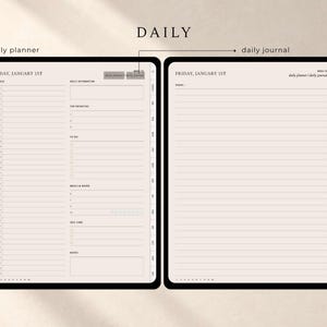 Puede incluir: Una interfaz de planificador diario y diario personal digital mostrada en dos pantallas contiguas. La pantalla izquierda presenta un horario de 5:00 a 22:00, afirmaci&oacute;n diaria, prioridades, lista de tareas, comidas, agua, cuidado personal y notas.
