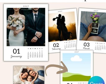 Plantilla de calendario fotográfico 2027, calendario fotográfico personalizado, editable en Canva, calendario de escritorio, imprimible, descarga digital instantánea.