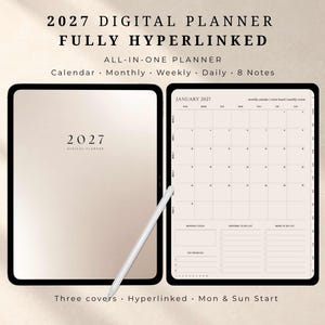Puede incluir: Una agenda digital 2027 mostrada en la pantalla de una tableta, con una portada que incluye el texto 2027 DIGITAL PLANNER y una página abierta que muestra un calendario mensual de enero de 2027 con secciones para objetivos y listas de tareas.
