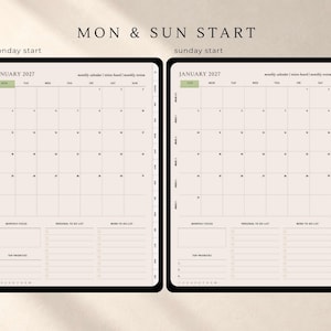 Puede incluir: Dos p&aacute;ginas de planificador digital para enero de 2027, una con inicio en lunes y otra en domingo. Cada p&aacute;gina presenta una cuadr&iacute;cula de calendario mensual, un cuadro de enfoque, listas de tareas y una secci&oacute;n de prioridades.