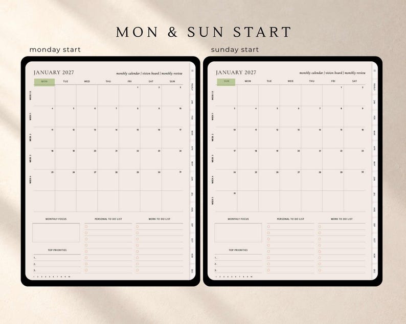 Puede incluir: Dos p&aacute;ginas de planificador digital para enero de 2027, una con inicio en lunes y otra en domingo. Cada p&aacute;gina presenta una cuadr&iacute;cula de calendario mensual, un cuadro de enfoque, listas de tareas y una secci&oacute;n de prioridades.