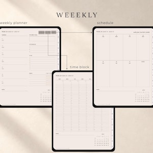 Puede incluir: Tres p&aacute;ginas de planificador digital etiquetadas como WEEEKLY, weekly planner, schedule y time block. Los dise&ntilde;os presentan fondos de color beige claro con texto negro, incluyendo secciones diarias, listas de tareas y un calendario de julio.