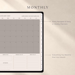 Puede incluir: Un planificador mensual digital para enero de 2027 en la pantalla de una tableta. La interfaz muestra una cuadr&iacute;cula de calendario, una secci&oacute;n de enfoque mensual y listas de tareas. Los textos incluyen 'Easily Navigate to Daily or Weekly Planners' y 'Everything You Need to Plan Your Month'.