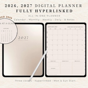 2026, 2027 Digital Planner for Goodnotes, Minimalist Hyperlinked iPad Planner, Dated Daily Weekly Monthly Planner, Monday Sunday Start