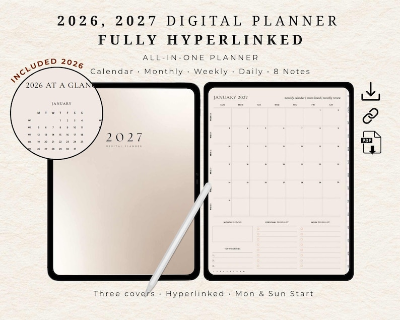 Agenda digital 2026, 2027 para Goodnotes, agenda minimalista con hipervínculos para iPad, agenda diaria, semanal y mensual con fechas, inicio de lunes a domingo. imagen 1