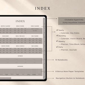 Puede incluir: Una p&aacute;gina de &iacute;ndice de planificador digital con hiperv&iacute;nculos clicables para secciones anuales, mensuales, semanales y diarias. El dise&ntilde;o incluye botones de navegaci&oacute;n para diez cuadernos y ocho plantillas de papel de notas adicionales.