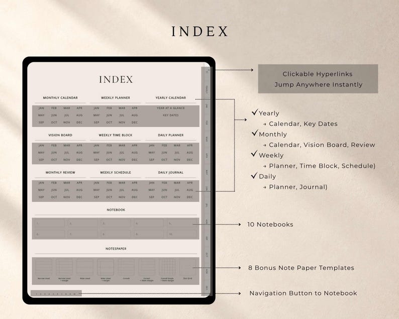 Puede incluir: Una p&aacute;gina de &iacute;ndice de planificador digital con hiperv&iacute;nculos clicables para secciones anuales, mensuales, semanales y diarias. El dise&ntilde;o incluye botones de navegaci&oacute;n para diez cuadernos y ocho plantillas de papel de notas adicionales.