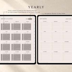 Puede incluir: Una interfaz de planificador anual digital 2027 con dos p&aacute;ginas lado a lado. La p&aacute;gina izquierda muestra un calendario 2027 con cuadr&iacute;culas mensuales. La p&aacute;gina derecha presenta una secci&oacute;n de fechas clave con espacios rayados para cada mes.