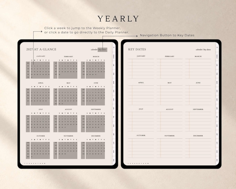 Puede incluir: Una interfaz de planificador anual digital 2027 con dos p&aacute;ginas lado a lado. La p&aacute;gina izquierda muestra un calendario 2027 con cuadr&iacute;culas mensuales. La p&aacute;gina derecha presenta una secci&oacute;n de fechas clave con espacios rayados para cada mes.