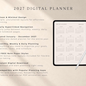 Puede incluir: Un planificador digital 2027 mostrado en la pantalla de una tableta con un l&aacute;piz &oacute;ptico. El texto dice 2027 DIGITAL PLANNER y enumera caracter&iacute;sticas como un dise&ntilde;o limpio, navegaci&oacute;n con hiperv&iacute;nculos y p&aacute;ginas fechadas de enero a diciembre.