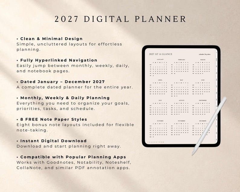 Puede incluir: Un planificador digital 2027 mostrado en la pantalla de una tableta con un l&aacute;piz &oacute;ptico. El texto dice 2027 DIGITAL PLANNER y enumera caracter&iacute;sticas como un dise&ntilde;o limpio, navegaci&oacute;n con hiperv&iacute;nculos y p&aacute;ginas fechadas de enero a diciembre.