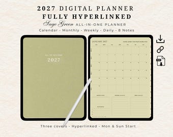 Agenda digital verde salvia 2027 para Goodnotes / Agenda para iPad con hipervínculos / Fechas diarias, semanales y mensuales / Inicio lunes y domingo