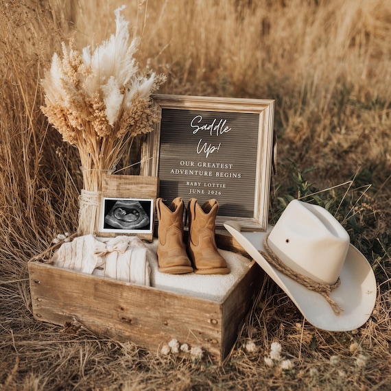 Western Baby Announcement Digital Template: Pregnancy Reveal, Editable Canva, Saddle Up Template, Customizable