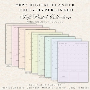 May include: A 2027 digital planner with nine soft pastel color options including oat cream, pink, peach, butter cream, melon, soft green, mint, blue, and lavender. The planner features monthly calendar layouts, hyperlinks, and PDF compatibility.