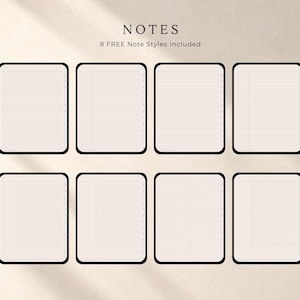 Puede incluir: Una pantalla digital con ocho plantillas de notas rectangulares con bordes negros redondeados. El texto "NOTES" y "8 FREE Note Styles Included" aparece en la parte superior. Cada plantilla contiene dise&ntilde;os de cuadr&iacute;cula, l&iacute;neas o en blanco.