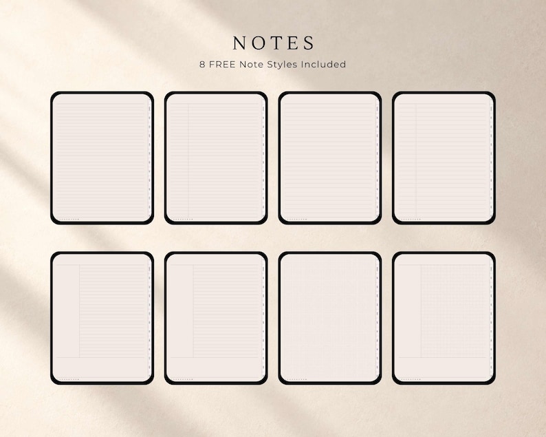 Puede incluir: Una pantalla digital con ocho plantillas de notas rectangulares con bordes negros redondeados. El texto "NOTES" y "8 FREE Note Styles Included" aparece en la parte superior. Cada plantilla contiene dise&ntilde;os de cuadr&iacute;cula, l&iacute;neas o en blanco.