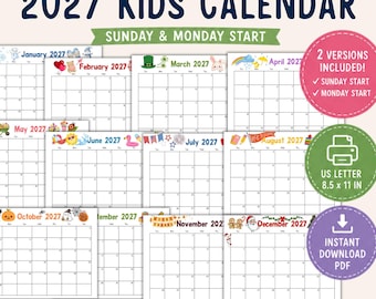 Calendario infantil imprimible 2027, lindo calendario mensual, inicio en domingo y lunes, tamaño carta estadounidense, planificador estacional para el aula de educación en casa en formato PDF