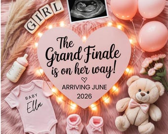 Boho Pink Baby Girl Pregnancy Announcement – Editable Canva Template (Digital)