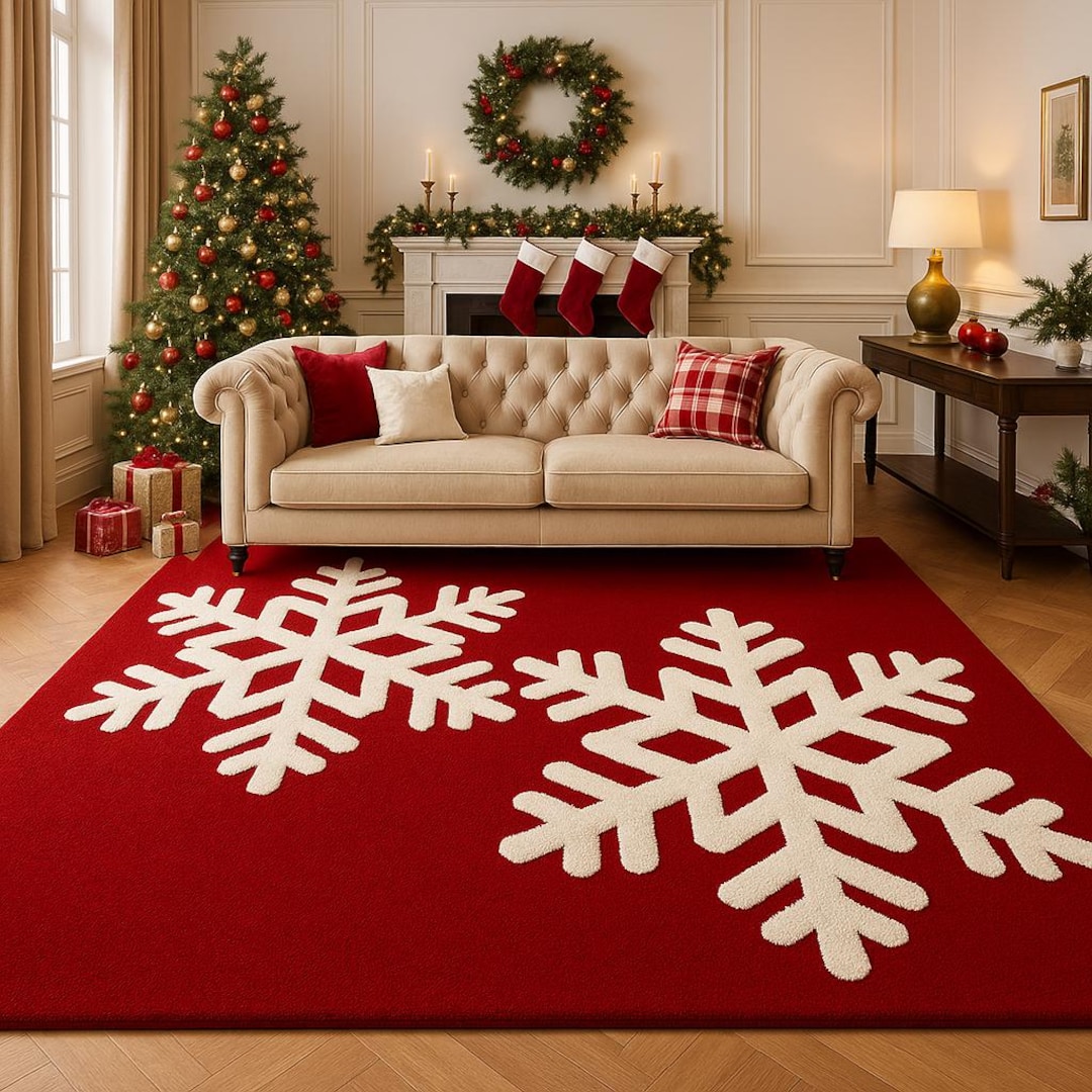 Rust Festive Rug Hand-tufted Wool Christmas Rug: Red Snowflake Festive Floor Mat - Etsy